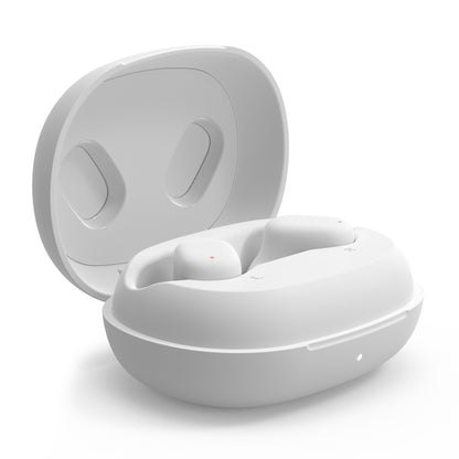 Linocell True trådløse øretelefoner hvid i åbent matchende opladningsetui med glat afrundet design og IPX4-beskyttelse.