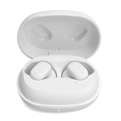 Linocell True trådløse øretelefoner hvid i åbent opladningsetui med L/R mærkninger og IPX4 sved- og vandsikring.