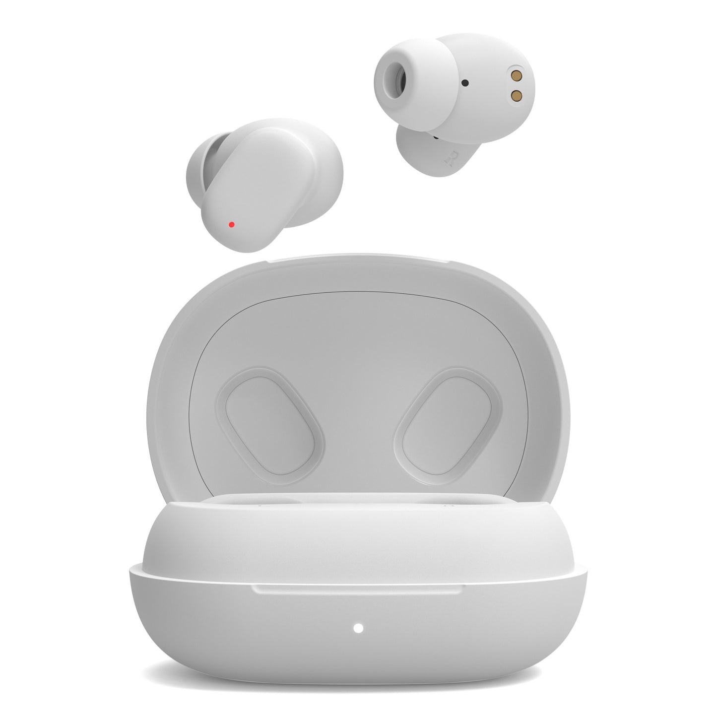 Linocell True trådløse øretelefoner hvid med én øretelefon over åbent opladningsetui, slankt design.