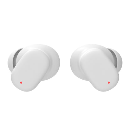 Linocell True trådløse øretelefoner hvid, IPX4 vandbeskyttelse, små røde LED-indikatorlys.