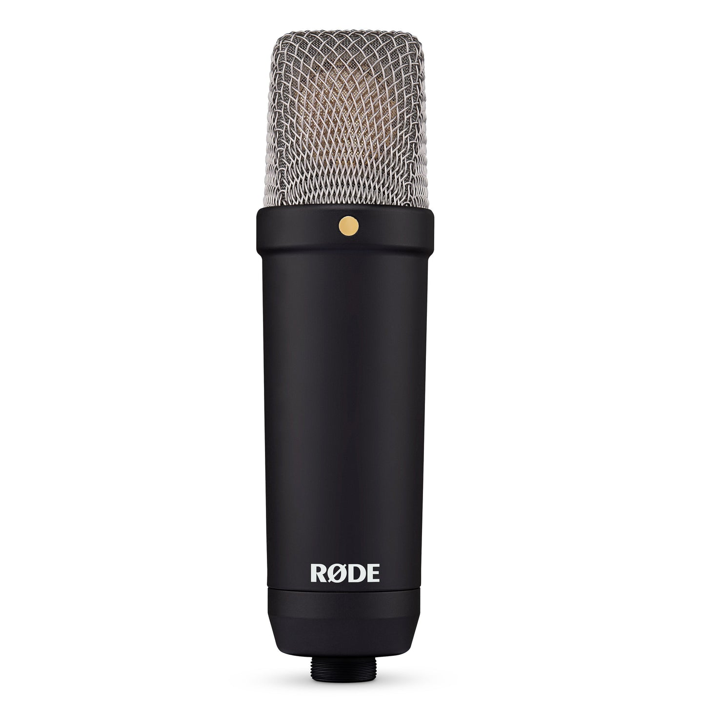 Røde NT1 Signature Series kondensatormikrofon, cylindrisk sort krop, metalnettop, lille guldfarvet punkt nær grill.