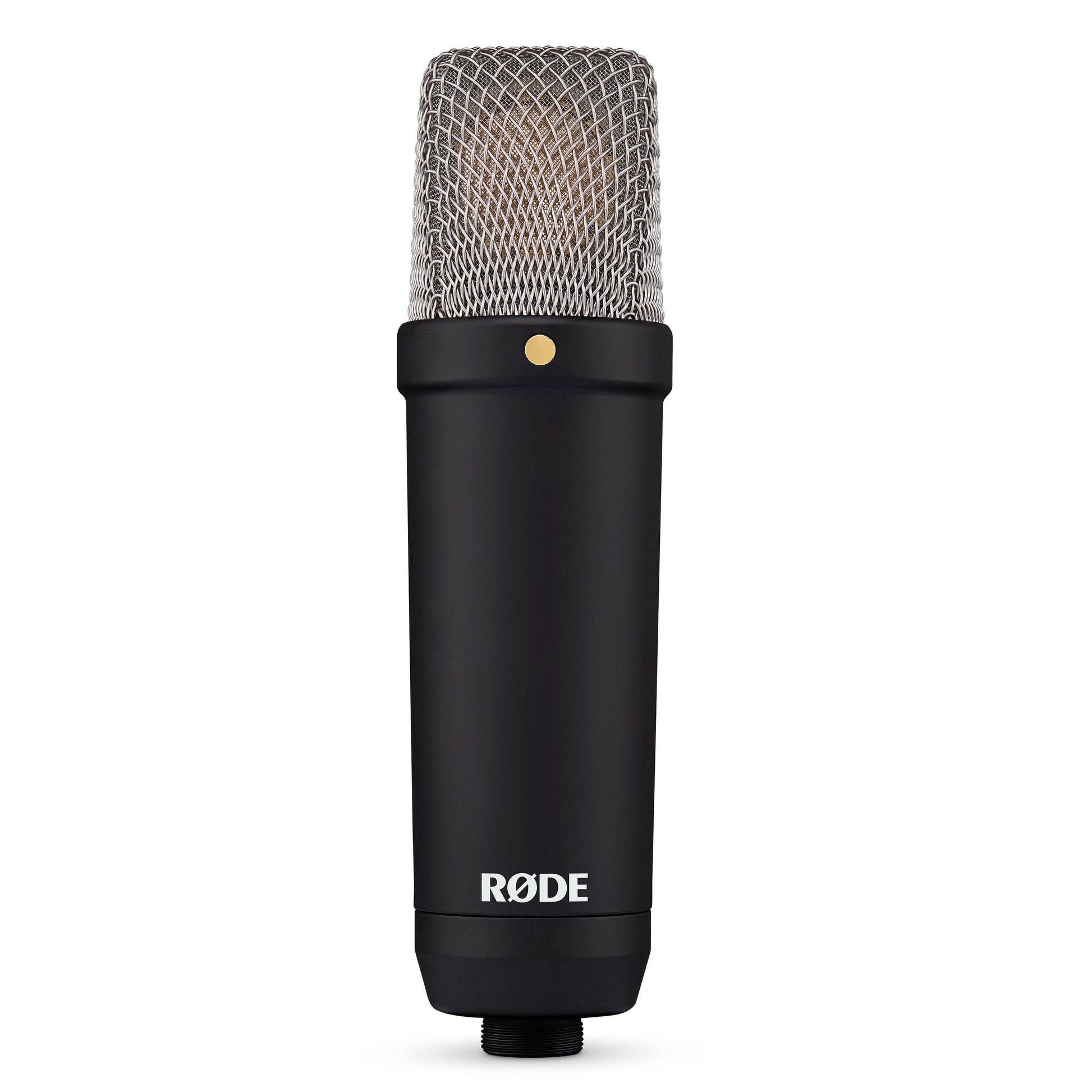 Røde NT1 Signature Series kondensatormikrofon, cylindrisk sort krop, metalnettop, lille guldfarvet punkt nær grill.