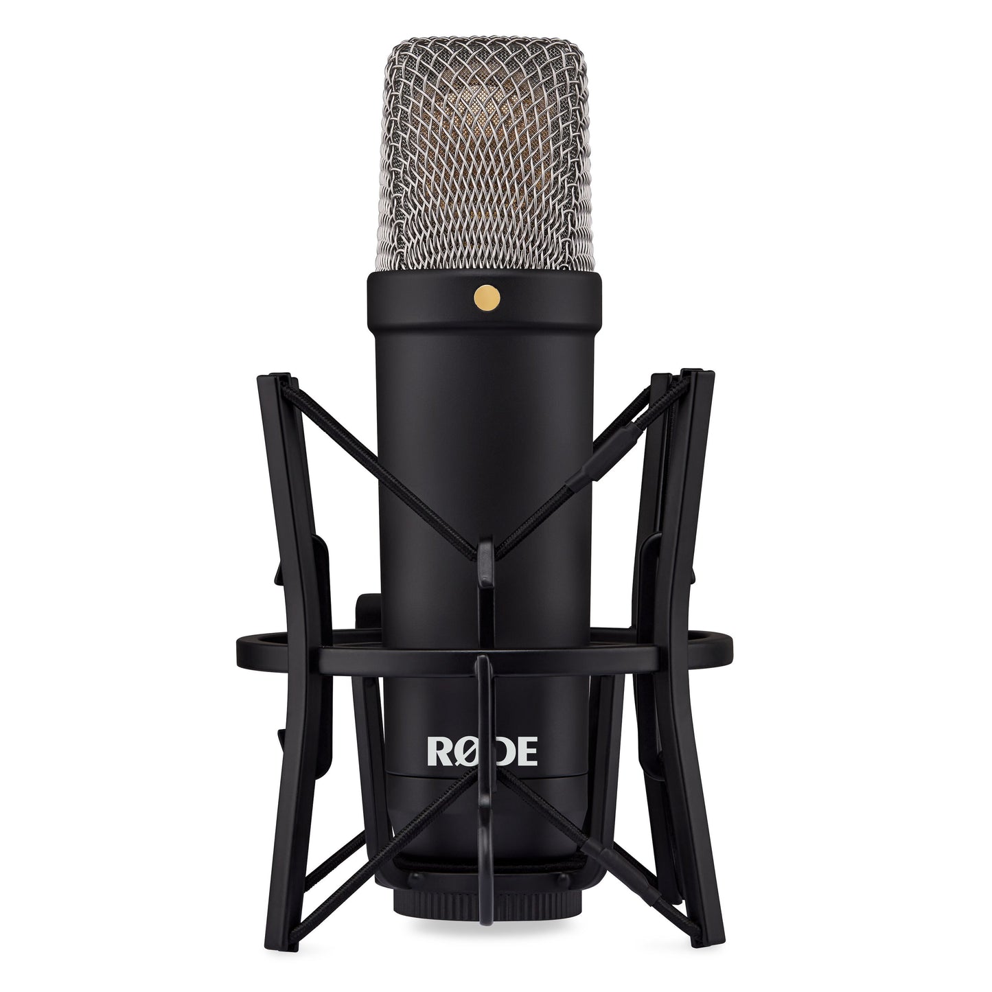 Røde NT1 Signature Series studiemikrofon sort med sølv mesh-grill, lav egenstøj, monteret på sort shock mount.