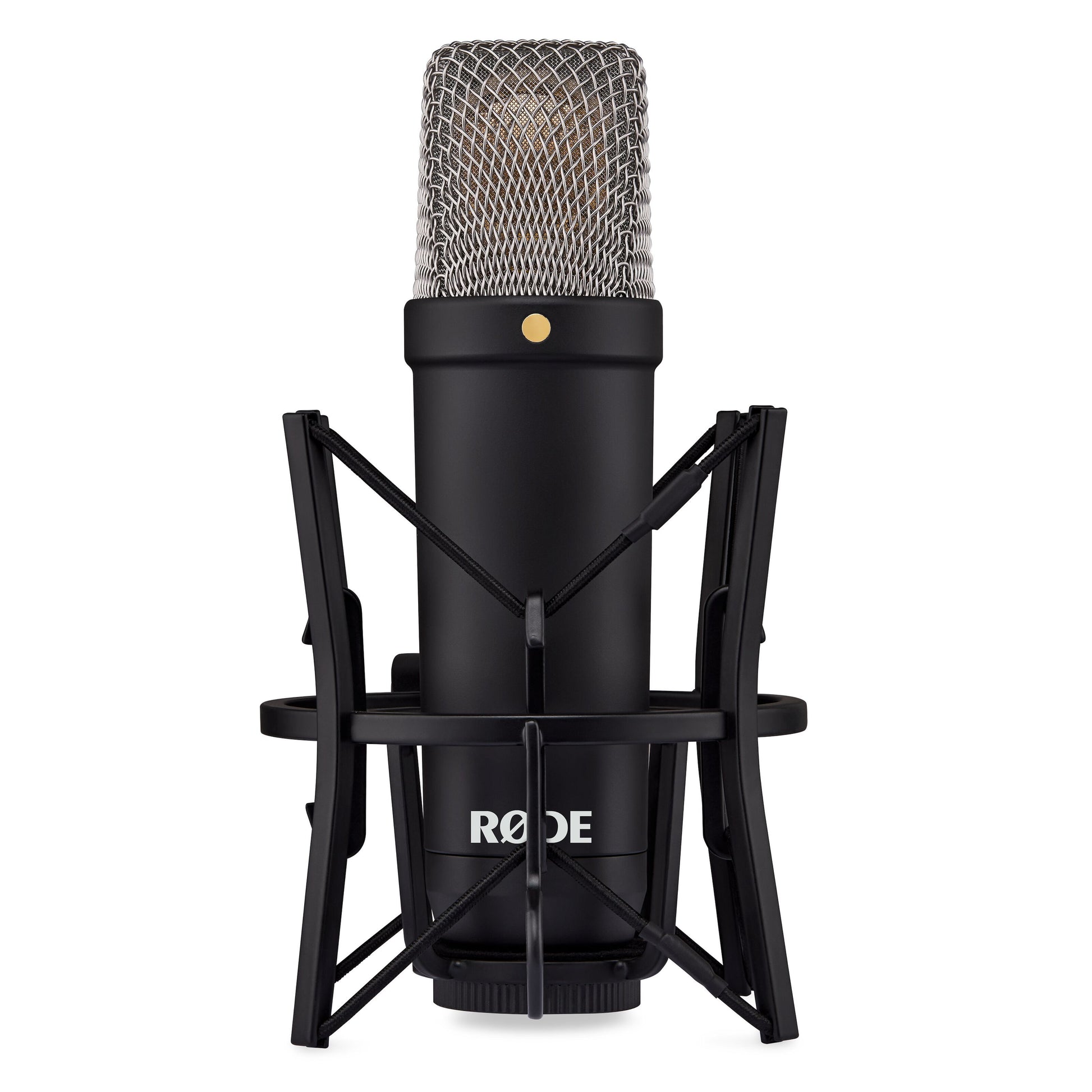 Røde NT1 Signature Series studiemikrofon sort med sølv mesh-grill, lav egenstøj, monteret på sort shock mount.