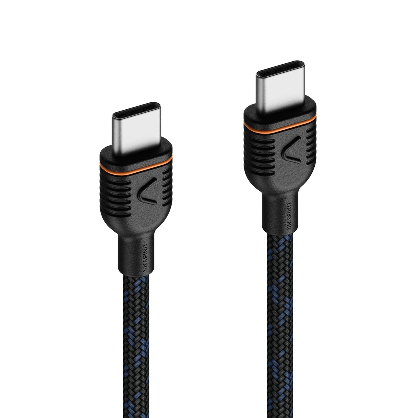 Unisynk magnetisk USB-C kabel 1 m, sort flettet med orange detaljer, teksturerede stik, MagRoll magneter, 240 W opladning.