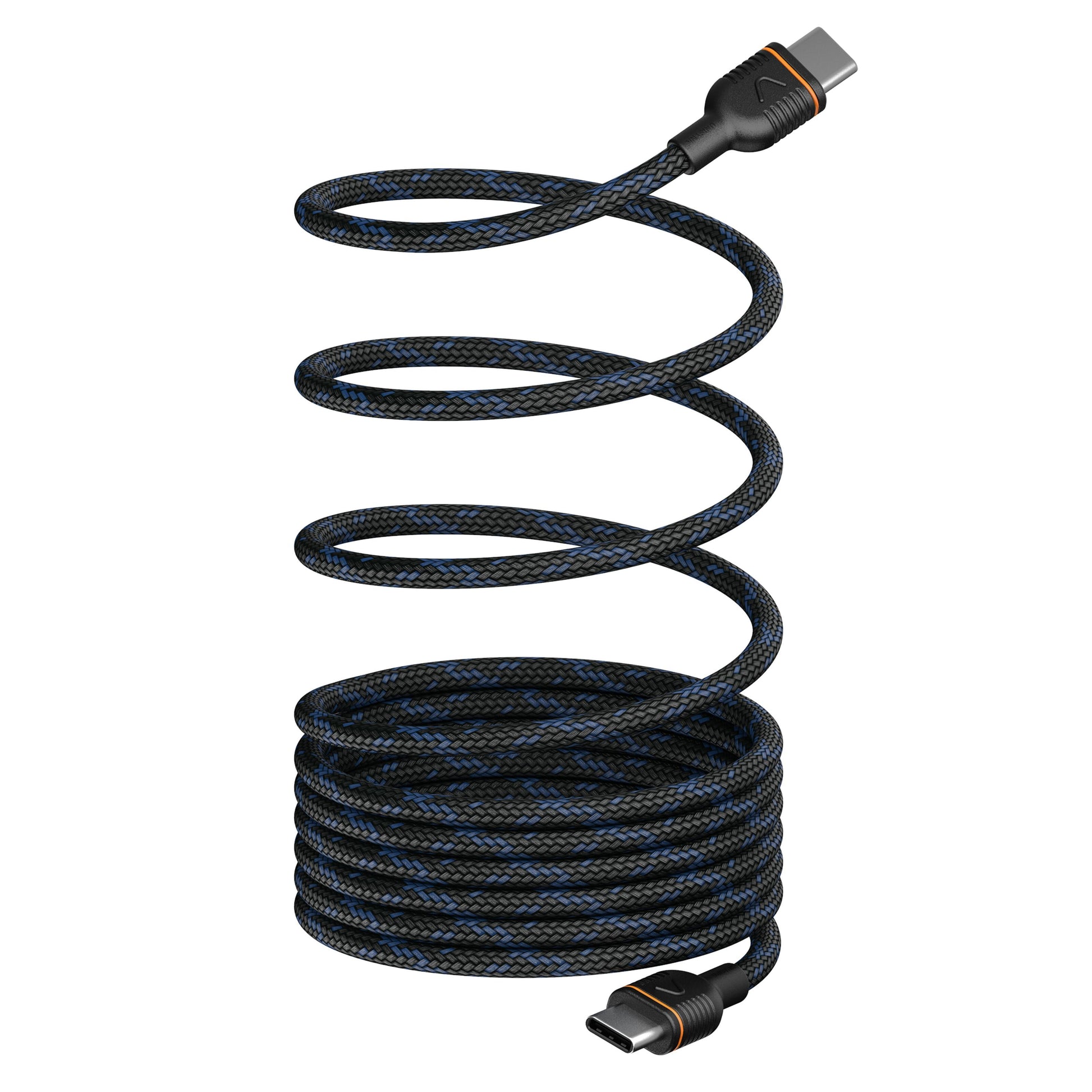 Unisynk Magnetisk USB-C kabel 2 m sort/blå flettet, 240W, det ene stik i spiralsnoet ledning, begge stik synlige.