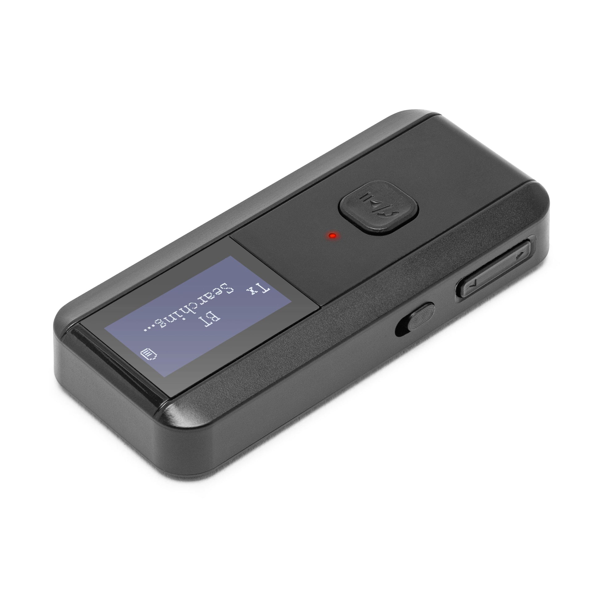 Bluetooth 5.3 HiFi musik modtager og sender, sort adapter med display "Tx BT searching...", rød indikator, stor TX-knap, sideknapper.