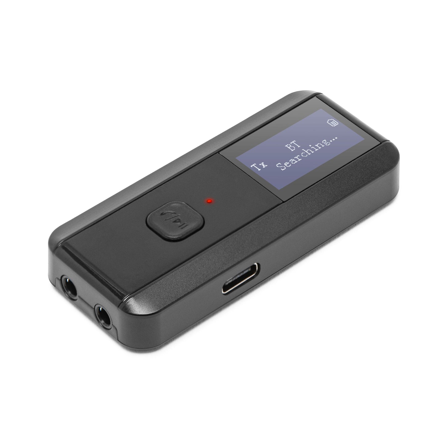 Bluetooth 5.3 HiFi musikmodtager/sender sort, skærm med "BT Searching...", stor knap, rød LED, USB-C, to lydudgange.
