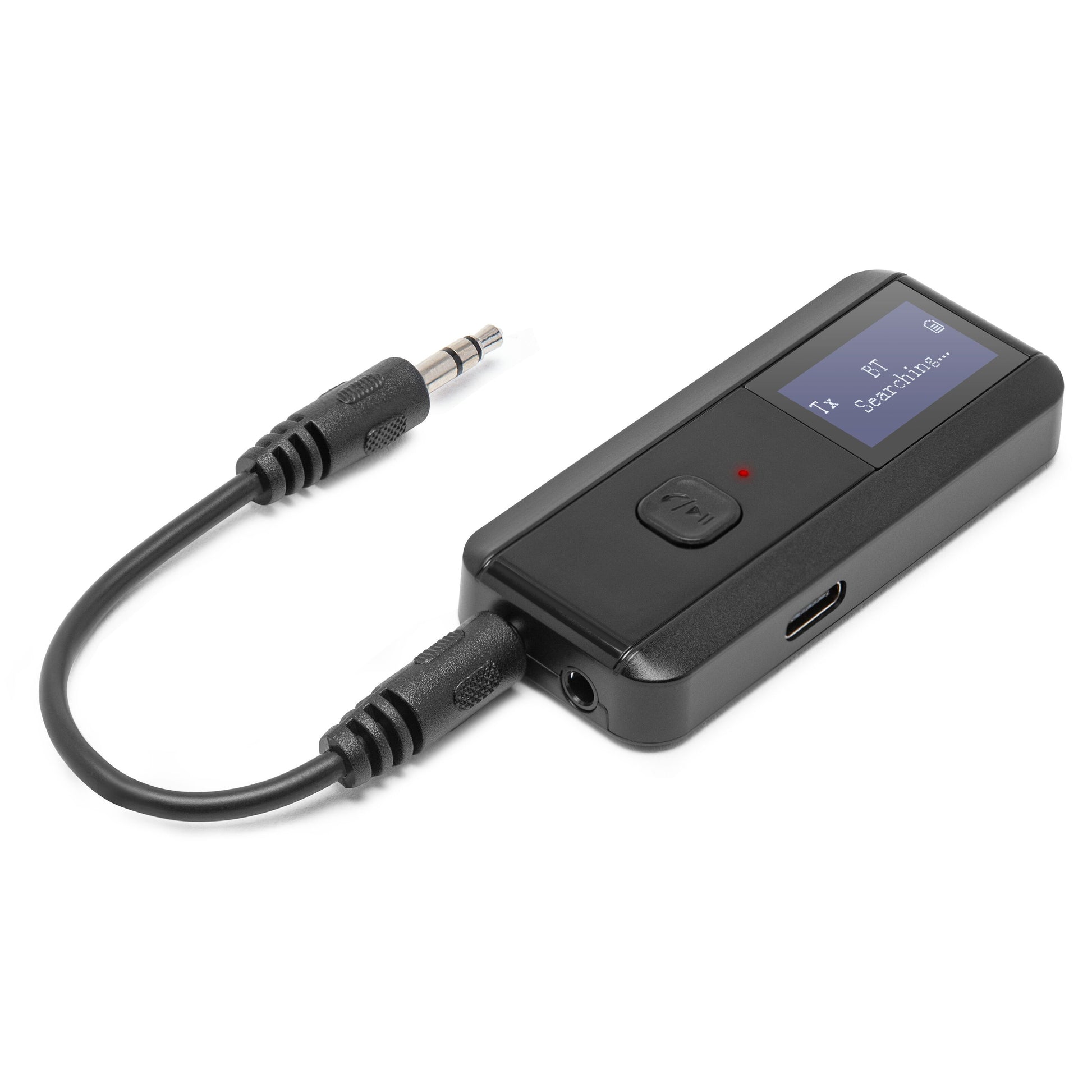 Bluetooth 5.3 HiFi modtager og sender, sort adapter med fast 3.5mm jackkabel, display, frontknapper, USB opladning.