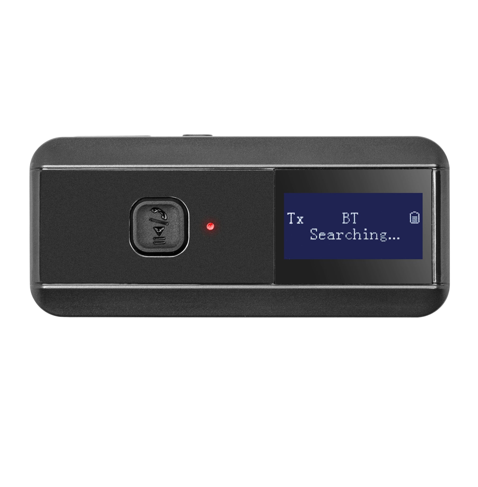 Linocell Bluetooth 5.3 HiFi musik modtager og sender med display "Tx BT Searching...", rød indikator, knapper til lyd og afspil/pause.