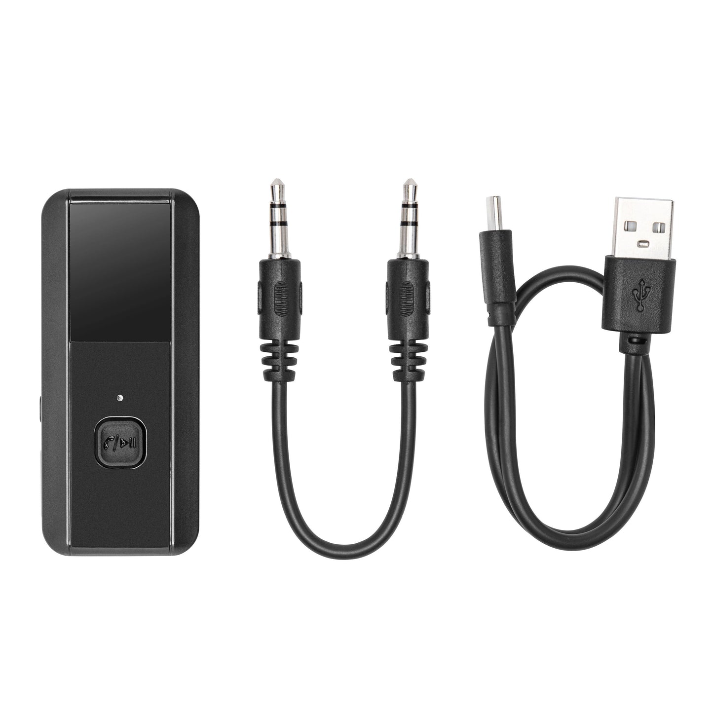 Bluetooth 5.3 HiFi musik modtager og sender, sort rektangulær med skærm og knap, inkl. 2 lydkabler og USB til micro USB-kabel.