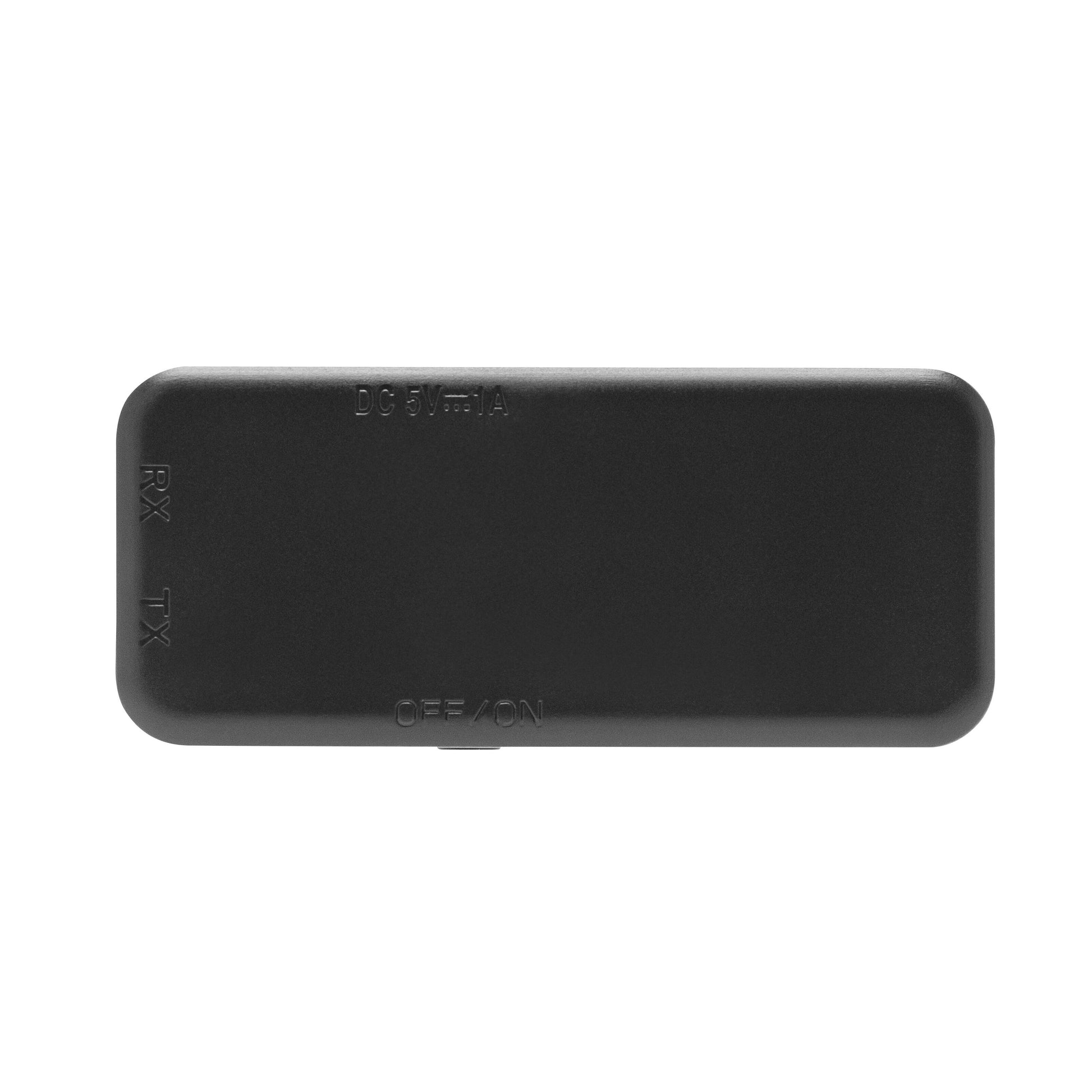 Bluetooth 5.3 HiFi musikmodtager og -sender, sort rektangulært design, DC5V/1A, RX, TX og OFF/ON mærkning.