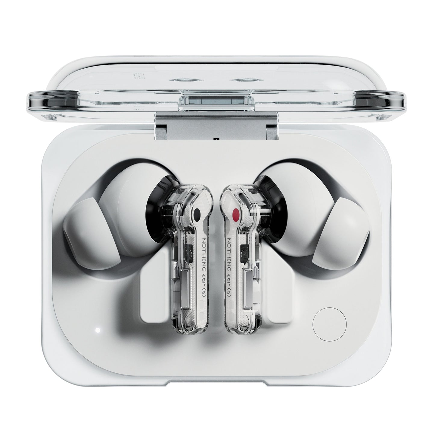 Nothing Ear (a) hvide trådløse in-ear høretelefoner med transparente stængler i hvidt etui med klar låg, set ovenfra.