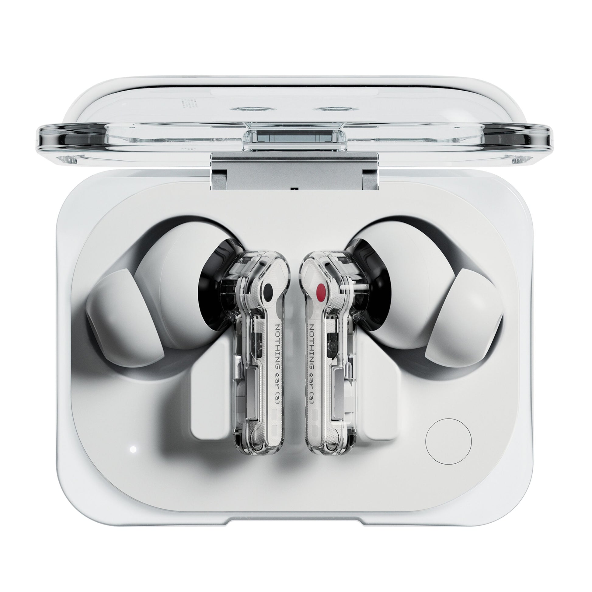 Nothing Ear (a) hvide trådløse in-ear høretelefoner med transparente stængler i hvidt etui med klar låg, set ovenfra.