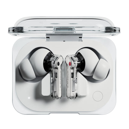 Nothing Ear (a) hvide trådløse in-ear høretelefoner med transparente stængler i hvidt etui med klar låg, set ovenfra.