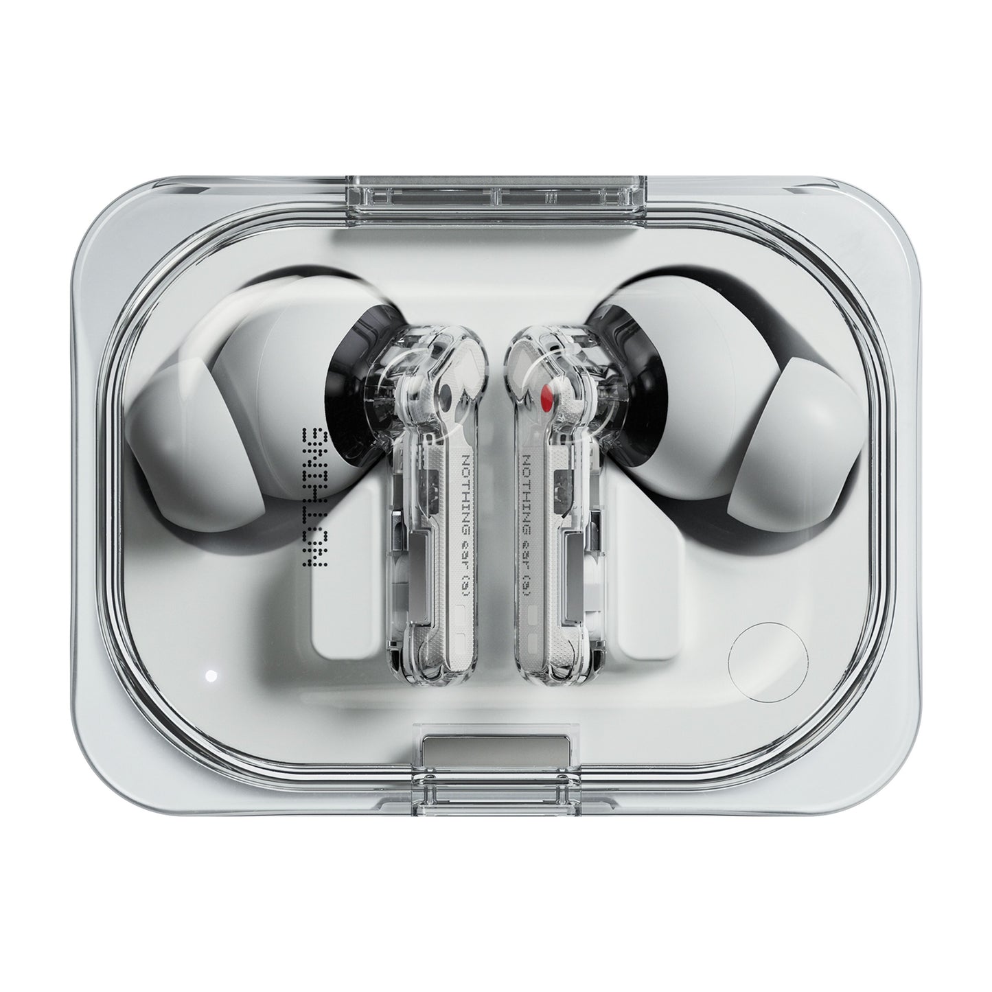 Nothing Ear (a) hvide trådløse in-ear høretelefoner med gennemsigtige stilke i klart rektangulært opladningsetui.