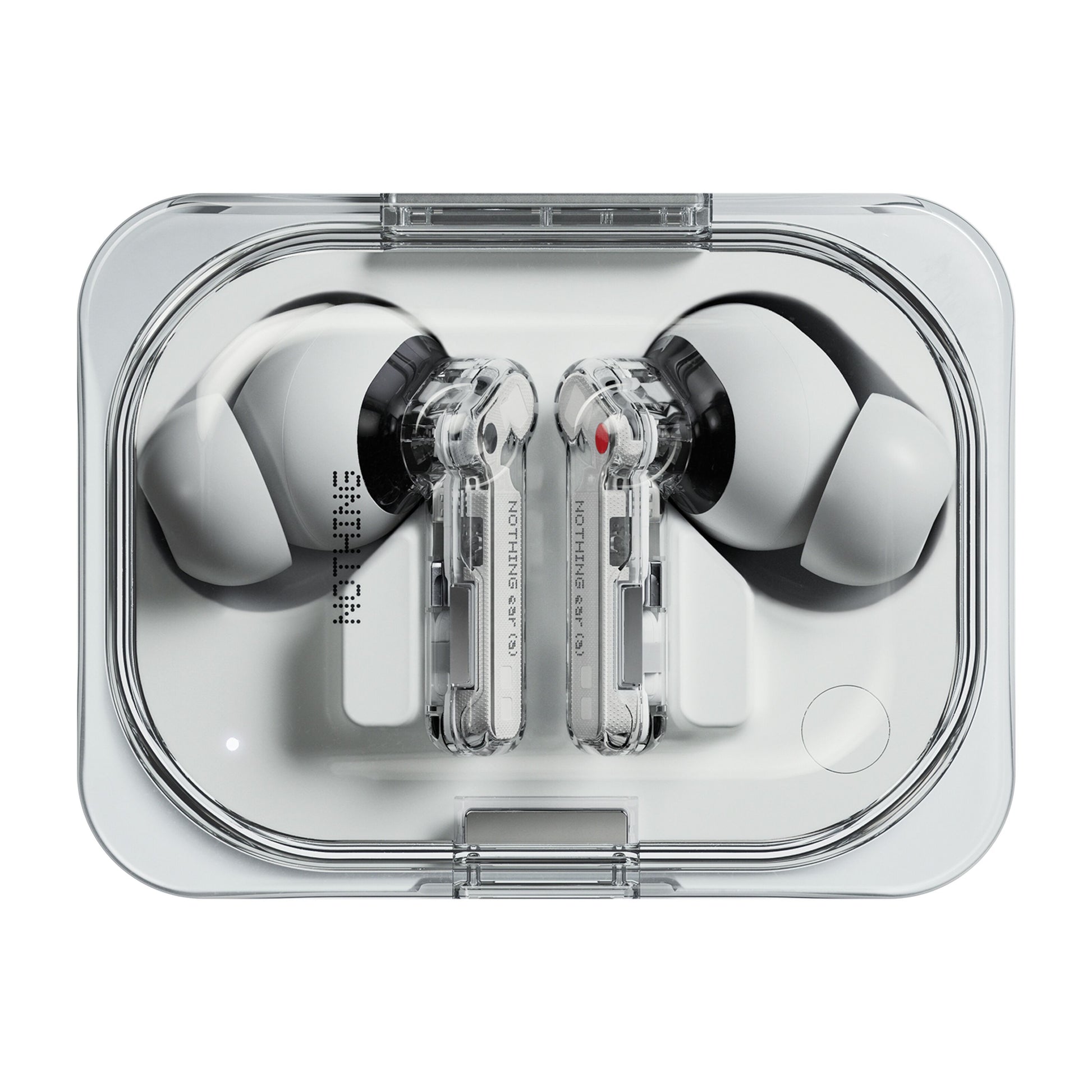 Nothing Ear (a) hvide trådløse in-ear høretelefoner med gennemsigtige stilke i klart rektangulært opladningsetui.