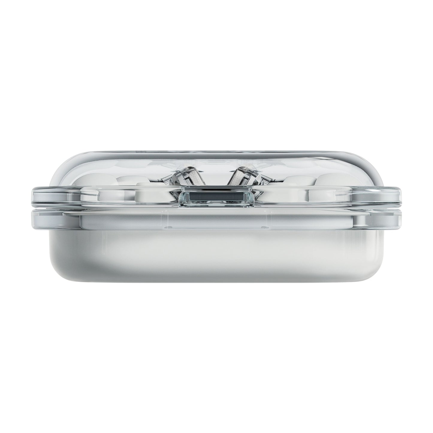 Transparent rektangulær plastbeholder med snaplåg, vist fra siden, til Nothing Ear (a) Hvid trådløse in-ear høretelefoner.