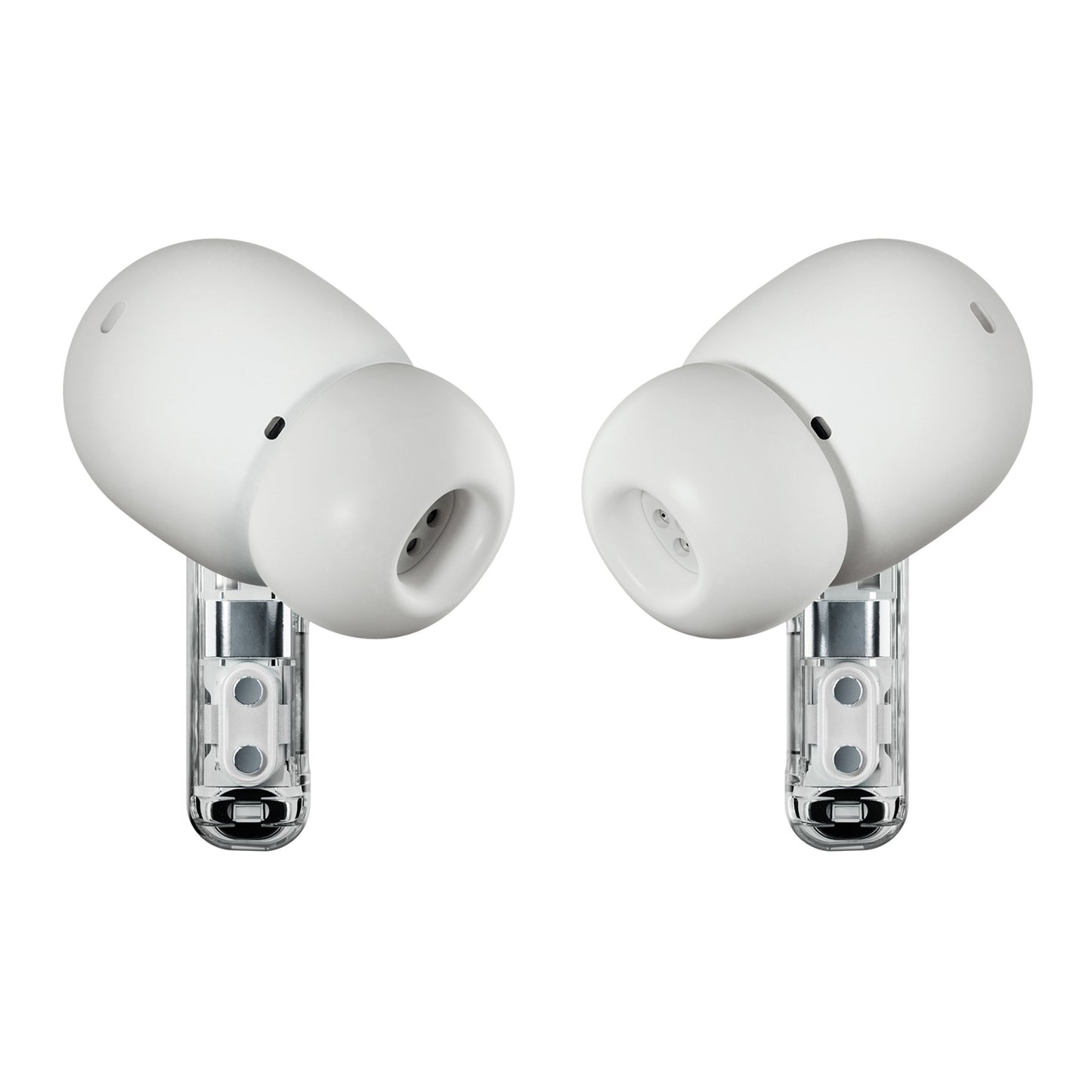 Nothing Ear (a) hvide trådløse in-ear høretelefoner med gennemsigtige stilke og synlige interne komponenter, aktiv støjreduktion.