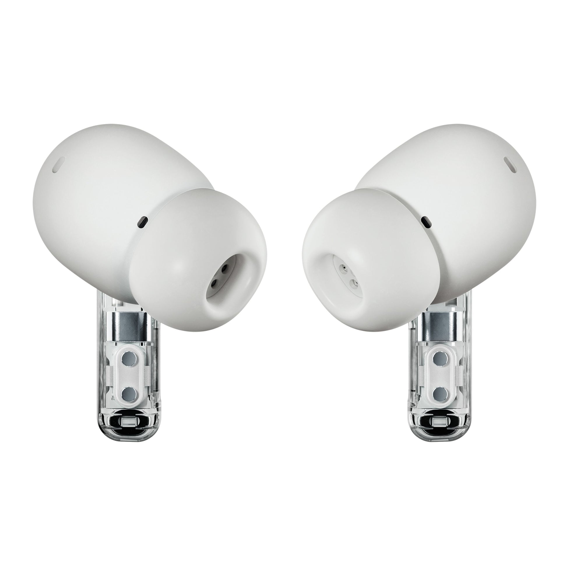 Nothing Ear (a) hvide trådløse in-ear høretelefoner med gennemsigtige stilke og synlige interne komponenter, aktiv støjreduktion.