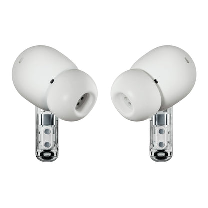 Nothing Ear (a) hvide trådløse in-ear høretelefoner med gennemsigtige stilke og synlige interne komponenter, aktiv støjreduktion.