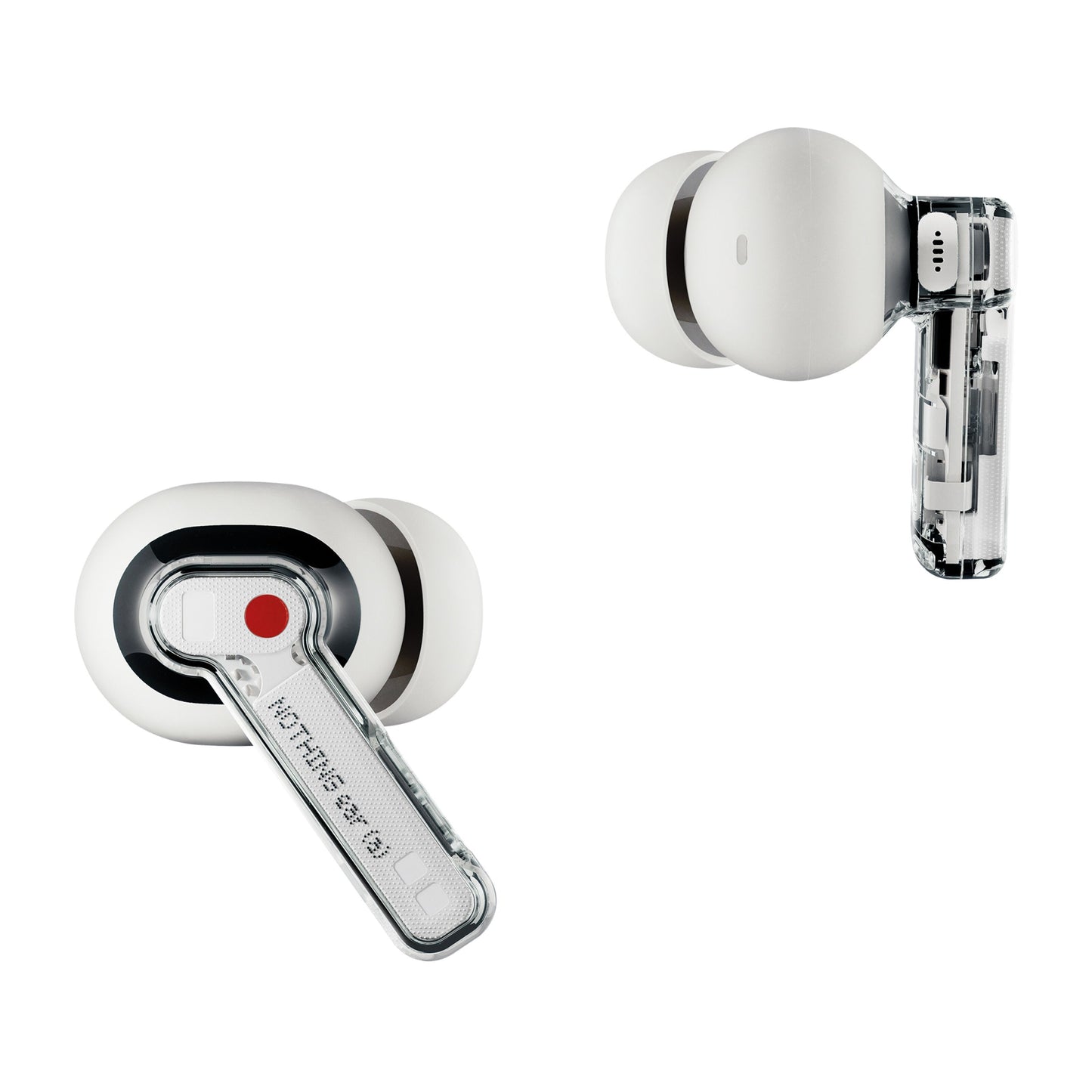 Nothing Ear (a) hvide trådløse in-ear høretelefoner med transparente stænger, synlige komponenter og rød detalje.