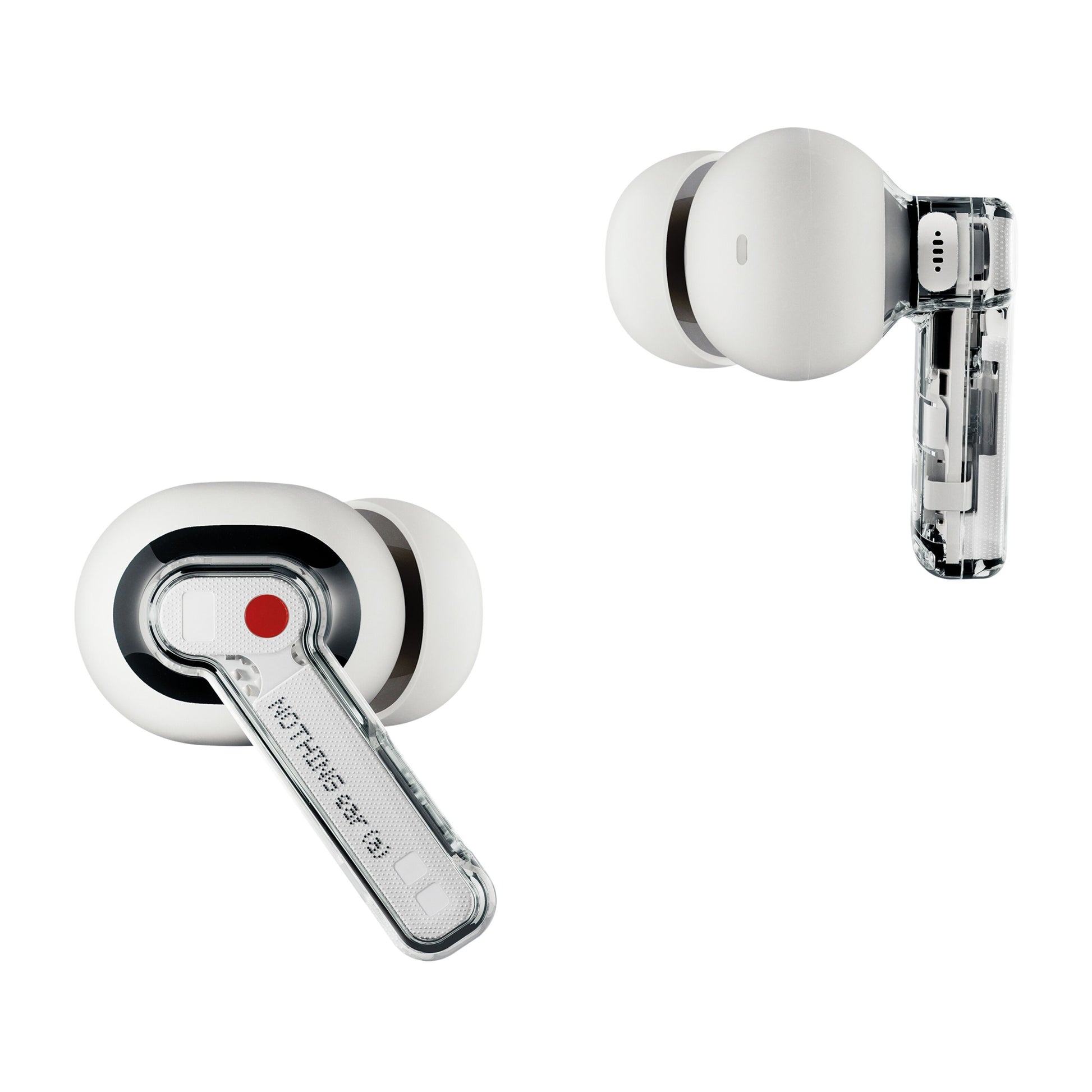 Nothing Ear (a) hvide trådløse in-ear høretelefoner med transparente stænger, synlige komponenter og rød detalje.