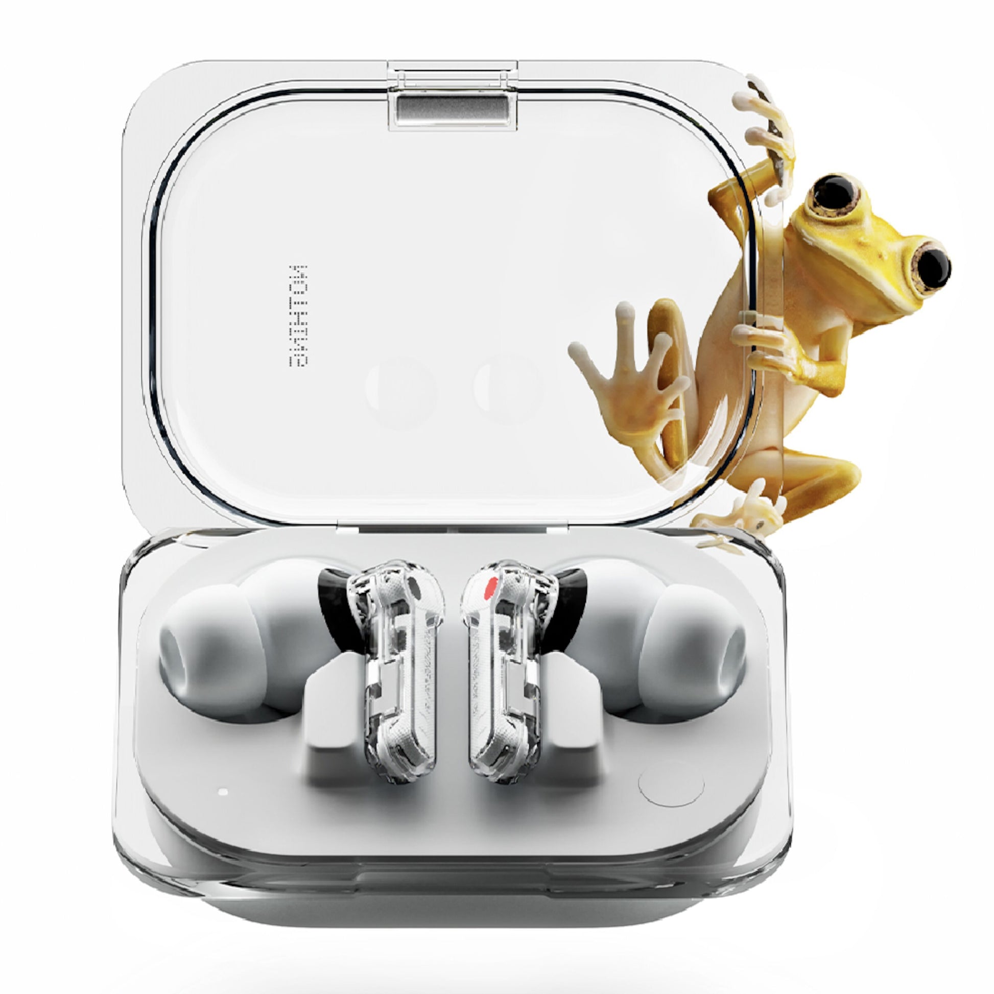 Nothing Ear (a) Hvid opladningsetui med gennemsigtigt låg, gul frø klamrer sig fast, earbuds med aktiv støjreduktion vises.