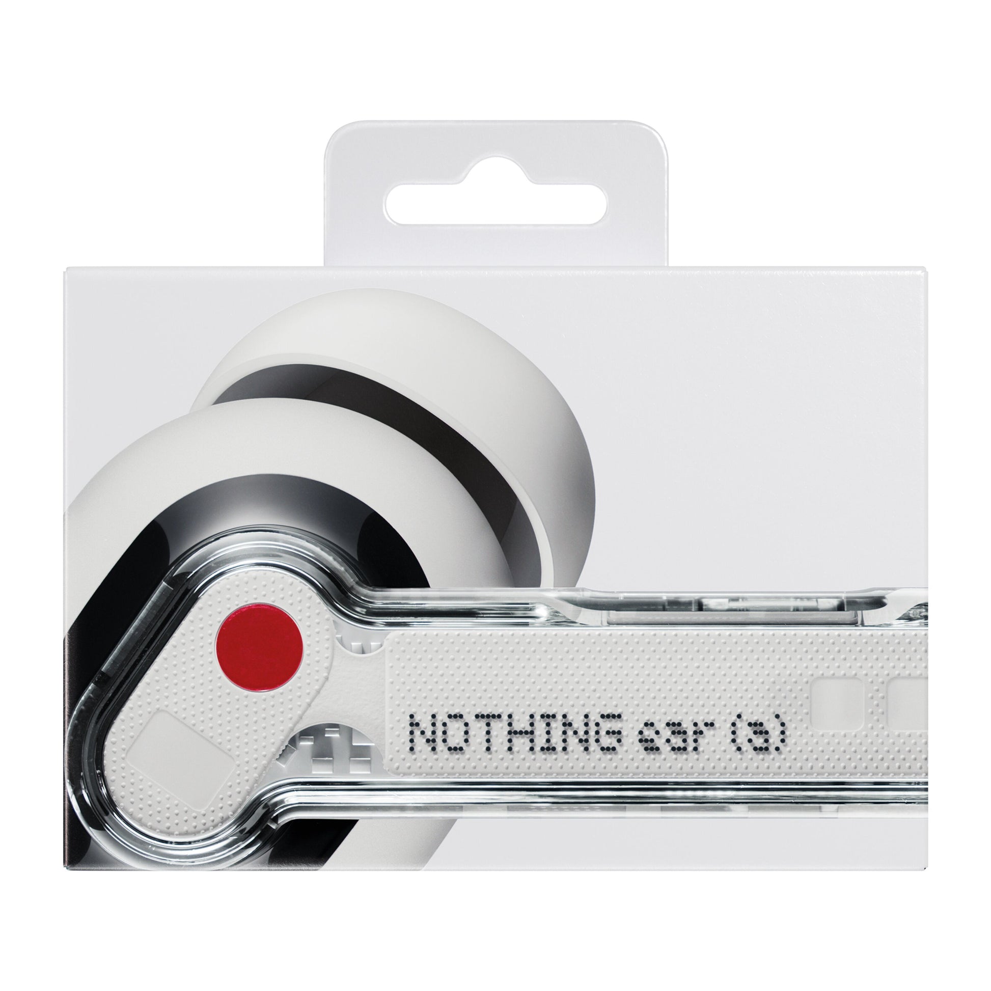 Nothing Ear (a) hvid æske med hvide og sorte trådløse in-ear ørepropper, transparent stribe med produktnavn, rød cirkel.