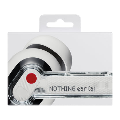 Nothing Ear (a) hvid æske med hvide og sorte trådløse in-ear ørepropper, transparent stribe med produktnavn, rød cirkel.