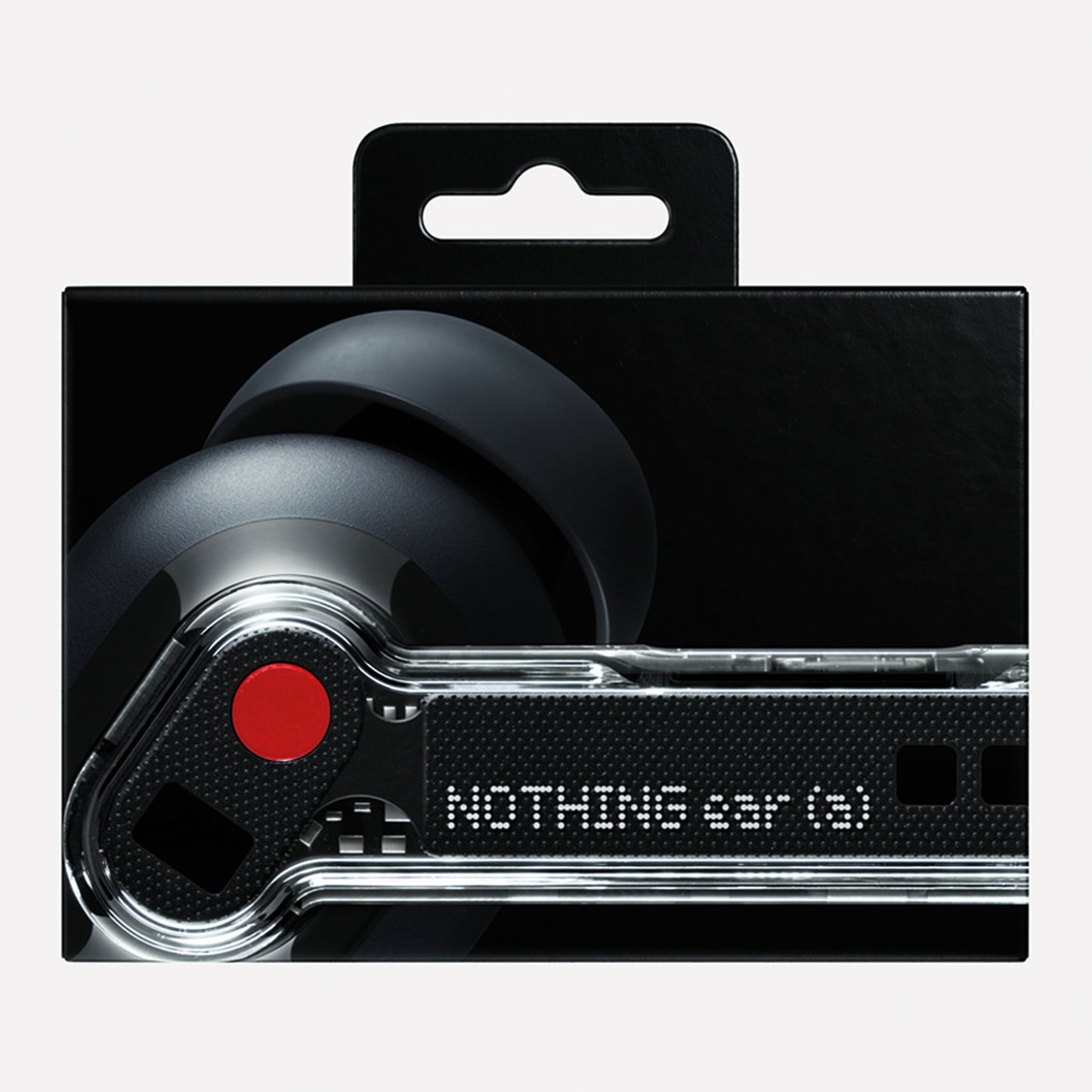 Nothing Ear (a) sort æske, viser sort øreprop med gennemsigtig stilk og Nothing-logo.