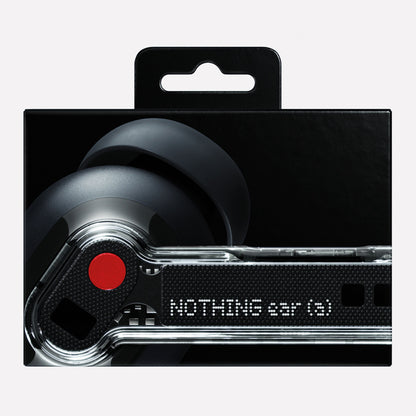 Nothing Ear (a) sort æske, viser sort øreprop med gennemsigtig stilk og Nothing-logo.