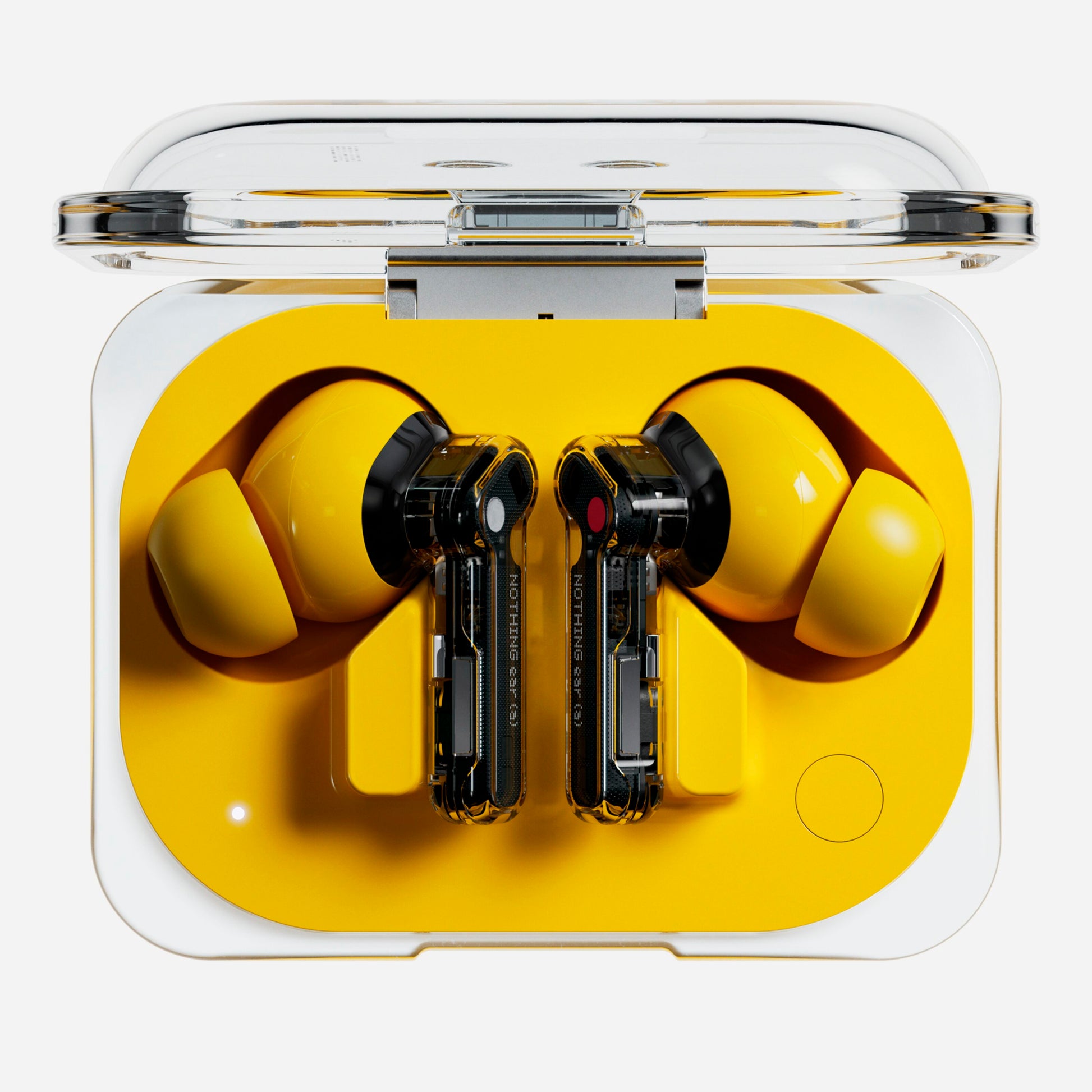 Nothing Ear (a) Gul in-ear høretelefoner med aktiv støjreduktion og opladeetui.