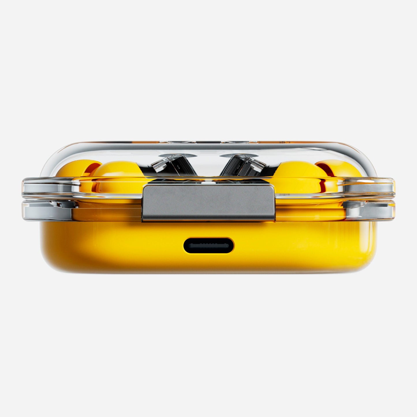 Nothing Ear (a) gul in-ear høretelefoner med transparent låg, synlige ørepropper og USB-C-port på fronten af etuiet.