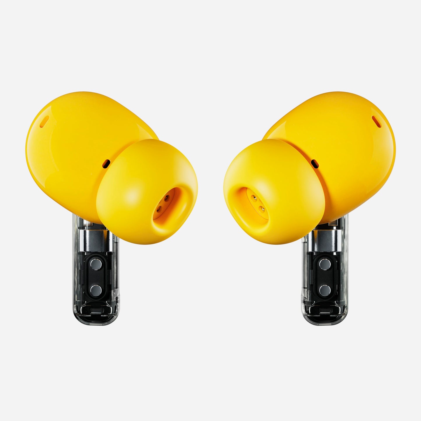 Nothing Ear (a) gul in-ear høretelefoner med transparente sorte stænger og aktiv støjreduktion.
