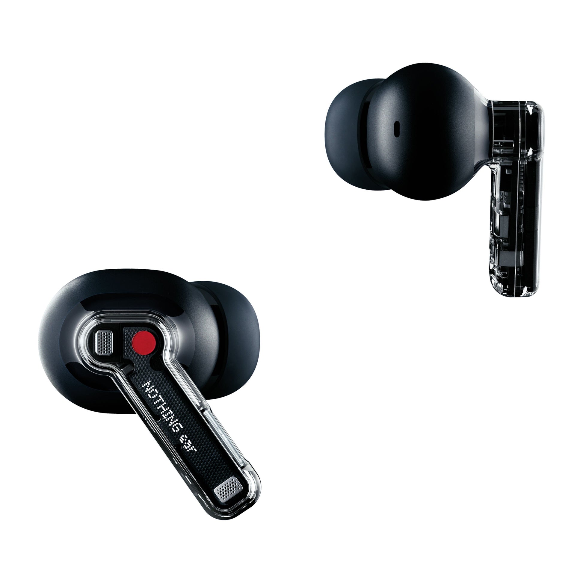Nothing Ear sort trådløse høretelefoner med transparent stilk, en med rød prik og label, aktiv støjreduktion.
