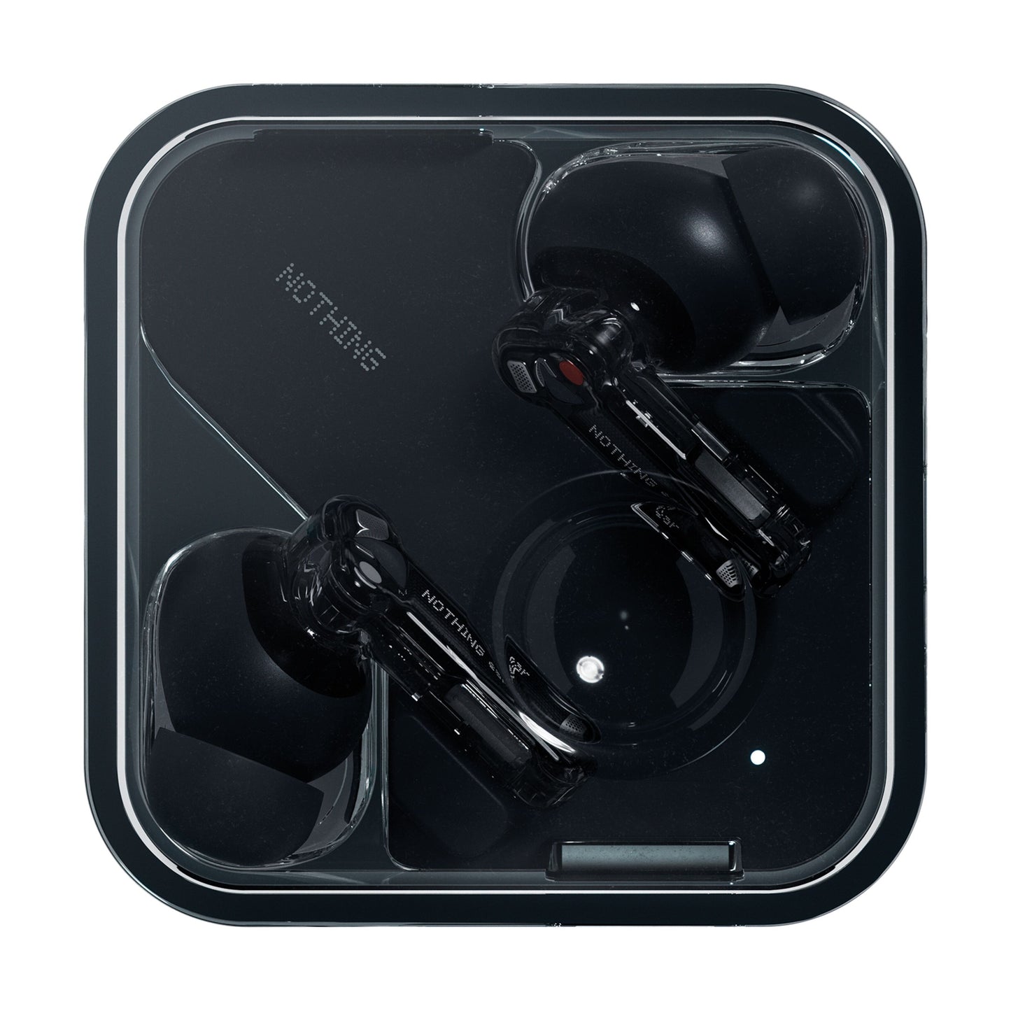 Nothing Ear Sort trådløse høretelefoner med transparente stænger i firkantet gennemsigtig etui med NOTHING-logo og aktiv støjreduktion.
