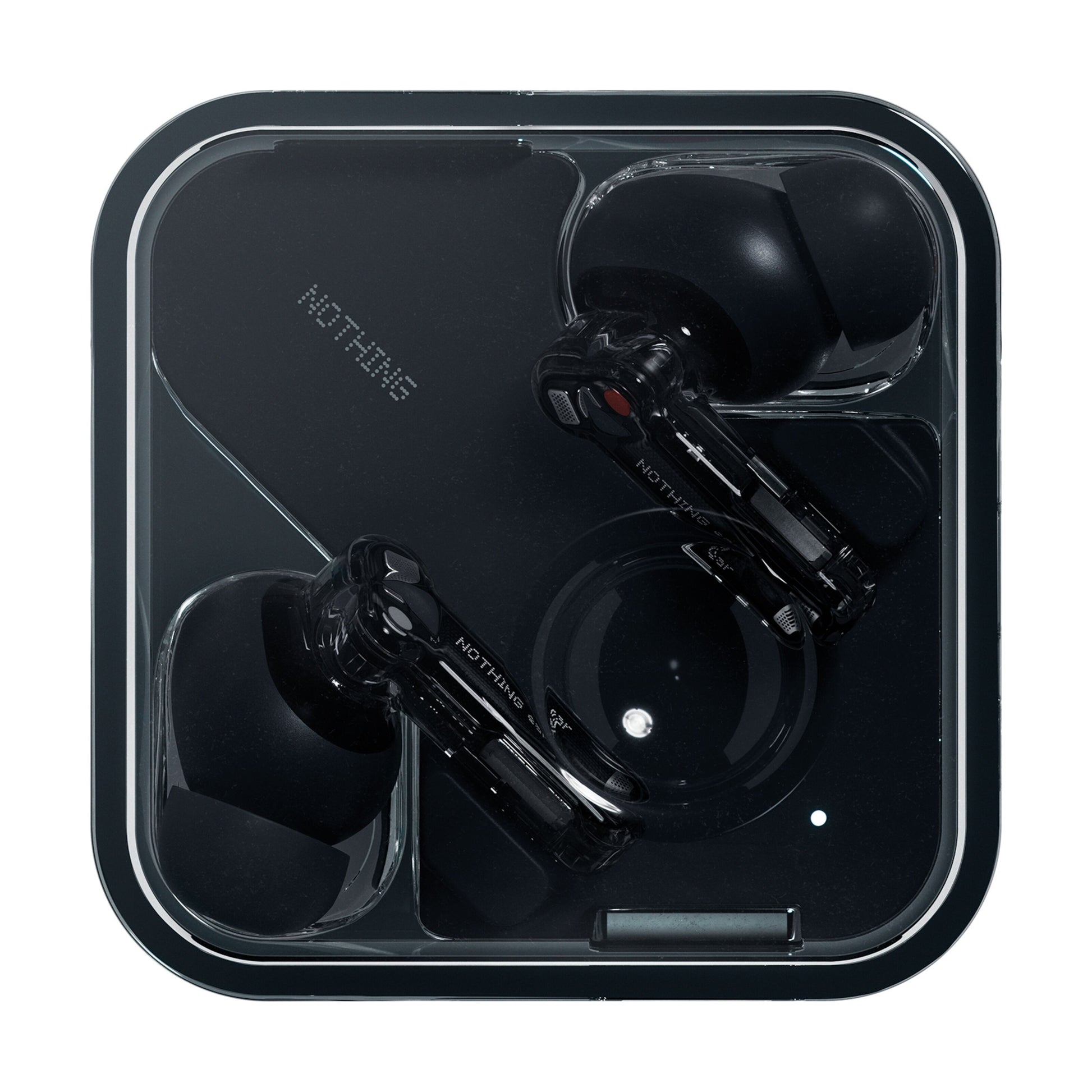 Nothing Ear Sort trådløse høretelefoner med transparente stænger i firkantet gennemsigtig etui med NOTHING-logo og aktiv støjreduktion.