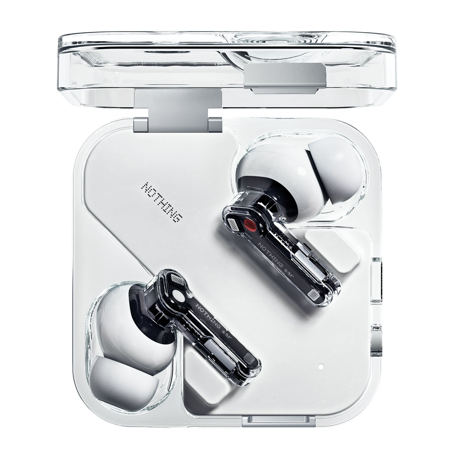 Nothing Ear Hvid trådløse Bluetooth høretelefoner sort/hvid med transparent kabinet og klar opladeetui, aktiv støjreduktion.
