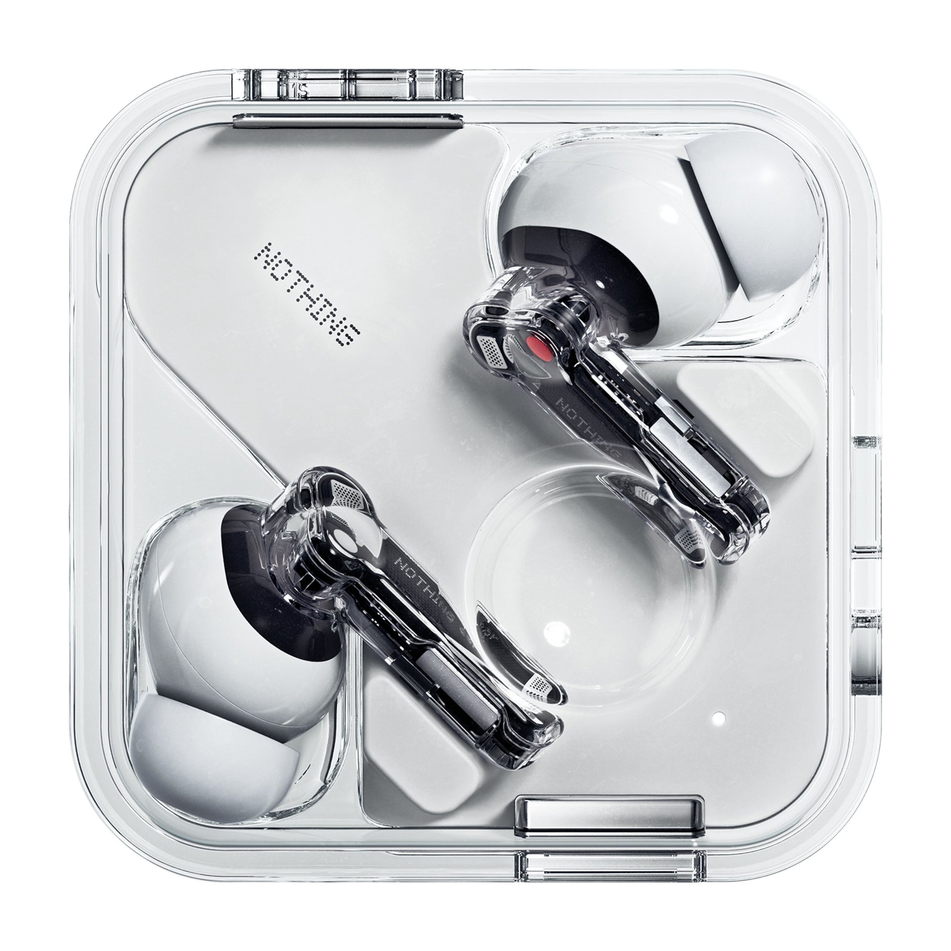 Nothing Ear hvide trådløse Bluetooth høretelefoner med transparent design i kvadratisk etui med "NOTHING" tekst.
