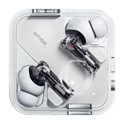 Nothing Ear hvide trådløse Bluetooth høretelefoner med transparent design i kvadratisk etui med "NOTHING" tekst.