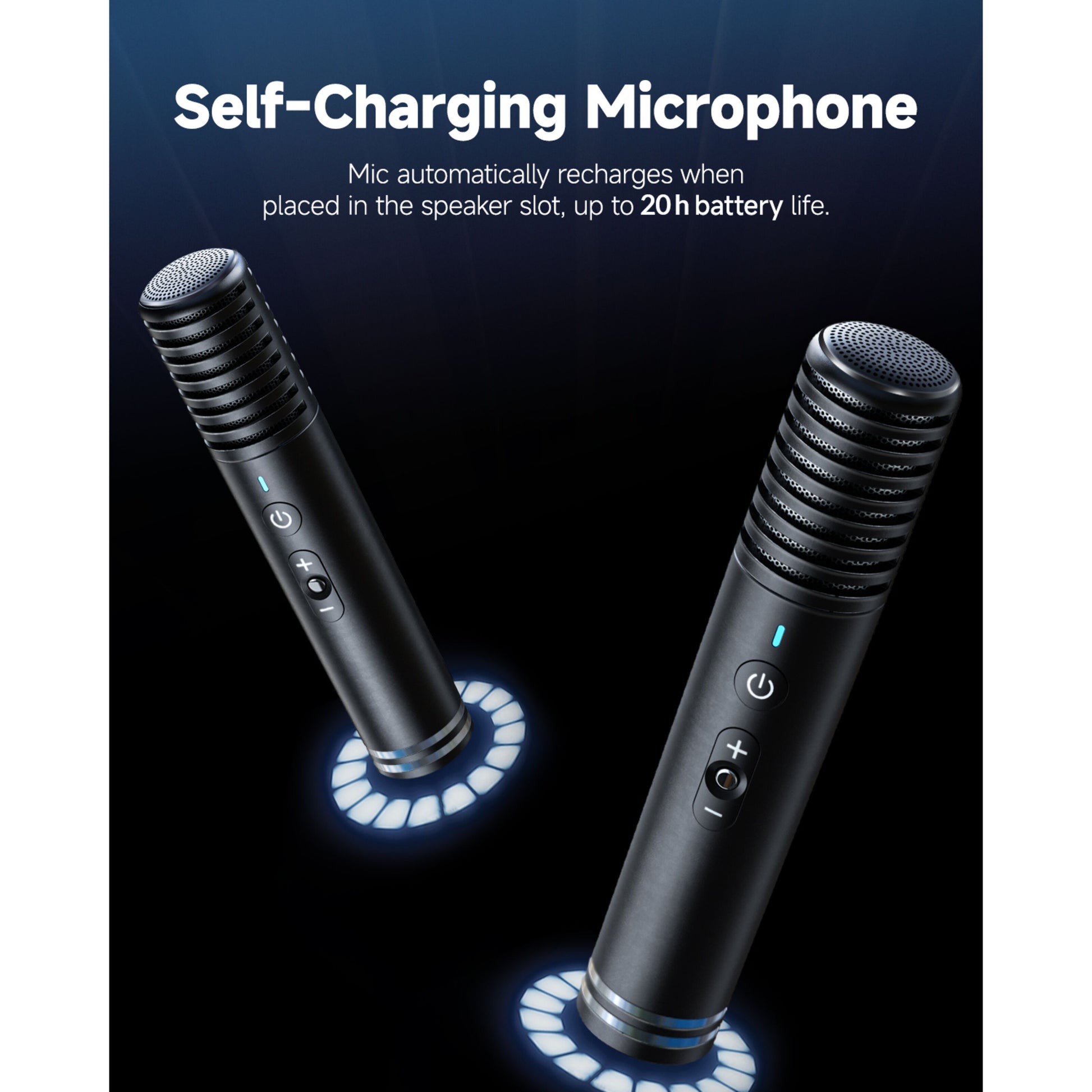 Ikarao Shell S1 sorte trådløse mikrofoner med blå lys, opladning i karaokemaskinens slot, op til 20 timers batteritid.