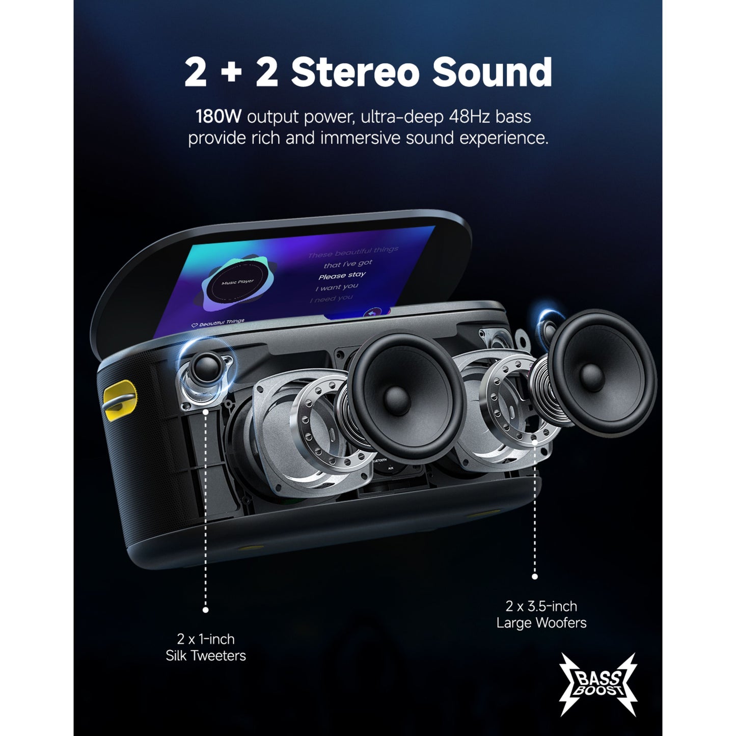 Ikarao Shell S1 bærbar karaoke maskine 10,1" HD-skærm, 2 silk tweeters, 2 woofers, stereo, 180W, 48Hz bas, mikrofonstøtte.