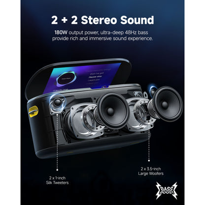 Ikarao Shell S1 bærbar karaoke maskine 10,1" HD-skærm, 2 silk tweeters, 2 woofers, stereo, 180W, 48Hz bas, mikrofonstøtte.