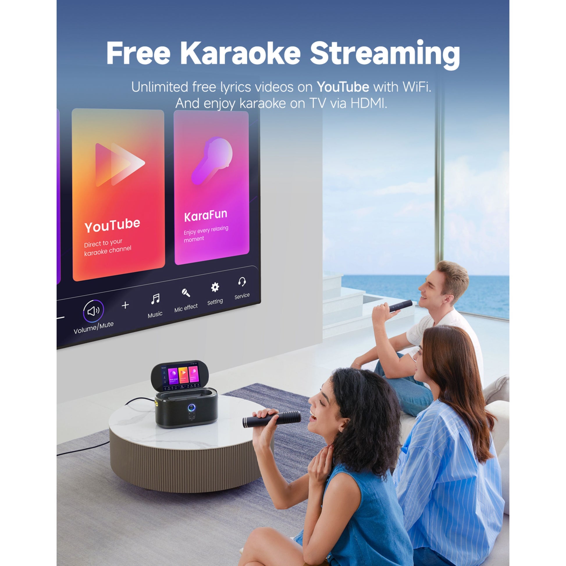 Ikarao Shell S1 bærbar karaoke maskine 10,1" HD-skærm trådløse mikrofoner i brug foran TV med karaoke apps.