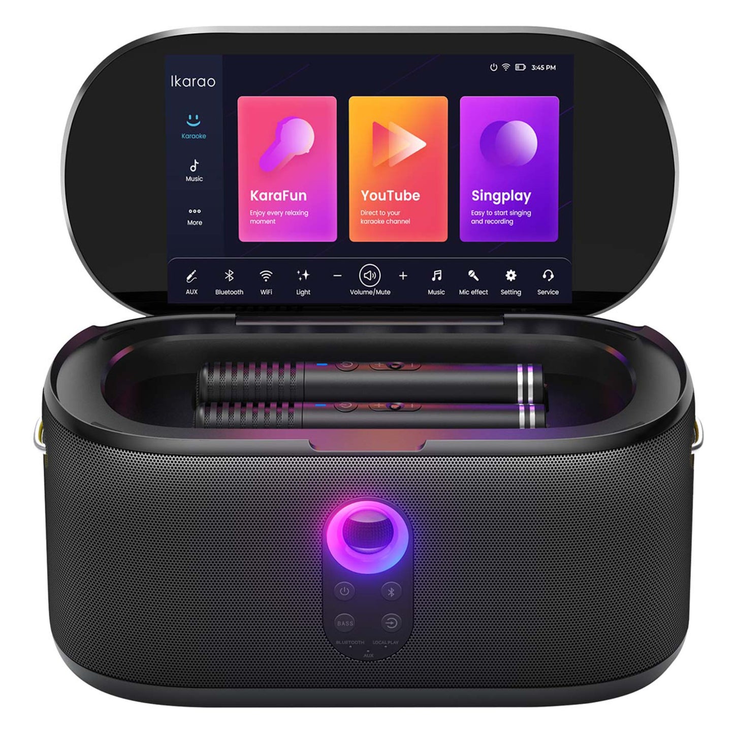 Ikarao Shell S1 bærbar karaokemaskine med 10,1" HD-touchskærm, til trådløse mikrofoner med lilla lys og Wi-Fi højttaler.
