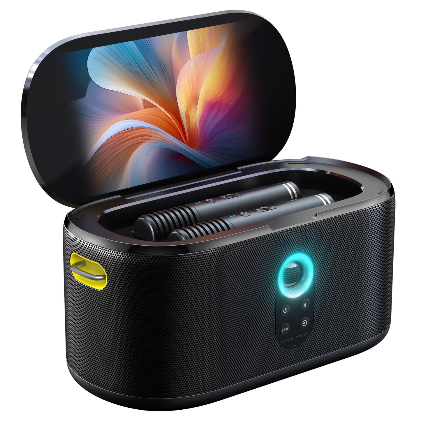 Ikarao Shell S1 bærbar karaokemaskine 10,1" HD-skærm, trådløse mikrofoner, cyan LED-ring, gult håndtag, frontknapper.