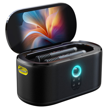 Ikarao Shell S1 bærbar karaokemaskine 10,1" HD-skærm, trådløse mikrofoner, cyan LED-ring, gult håndtag, frontknapper.