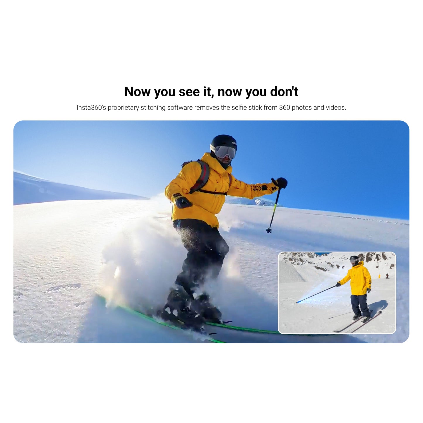 Insta360 Invisible Selfie Stick fjernet digitalt, ses med skiløber i gul jakke på sne under blå himmel.