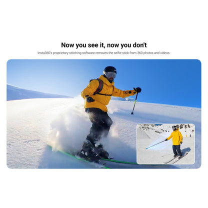 Insta360 Invisible Selfie Stick fjernet digitalt, ses med skiløber i gul jakke på sne under blå himmel.